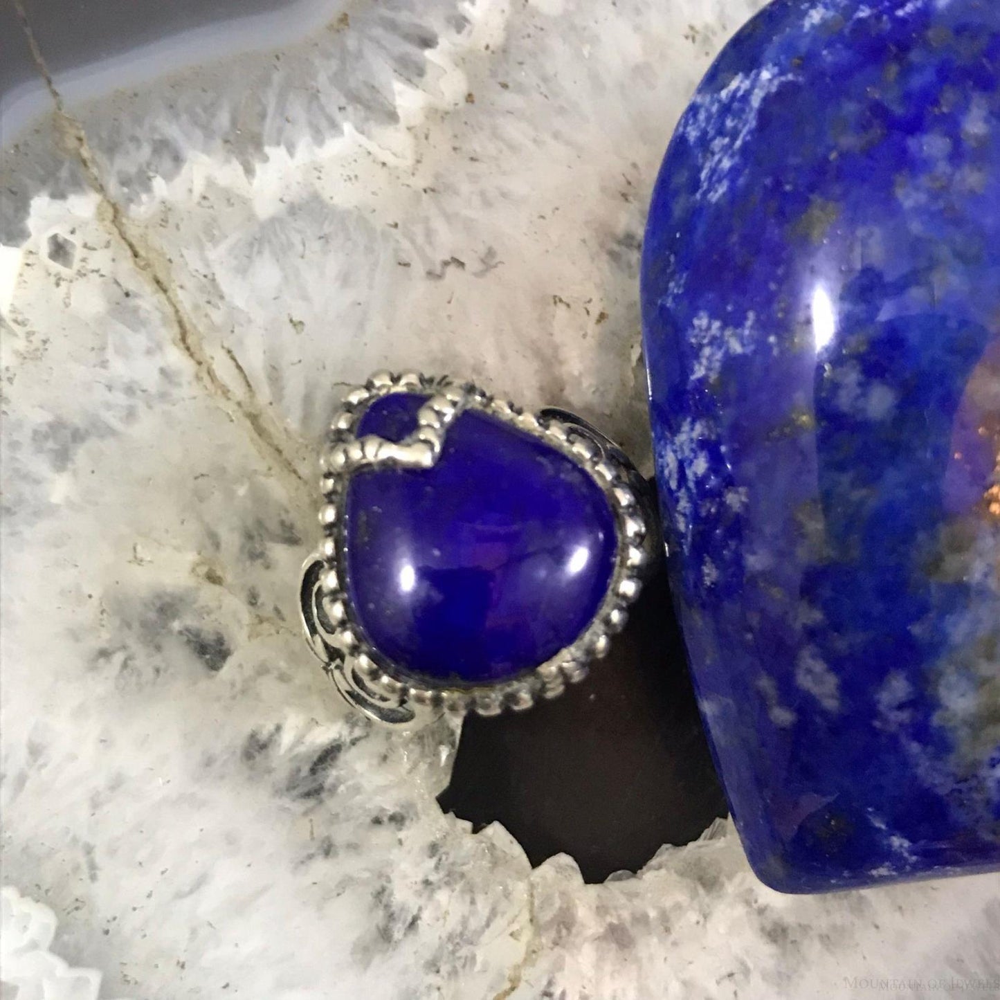 Carolyn Pollack Sterling Silver Wide Pear Lapis Decorated Ring Size 6.5 For Women