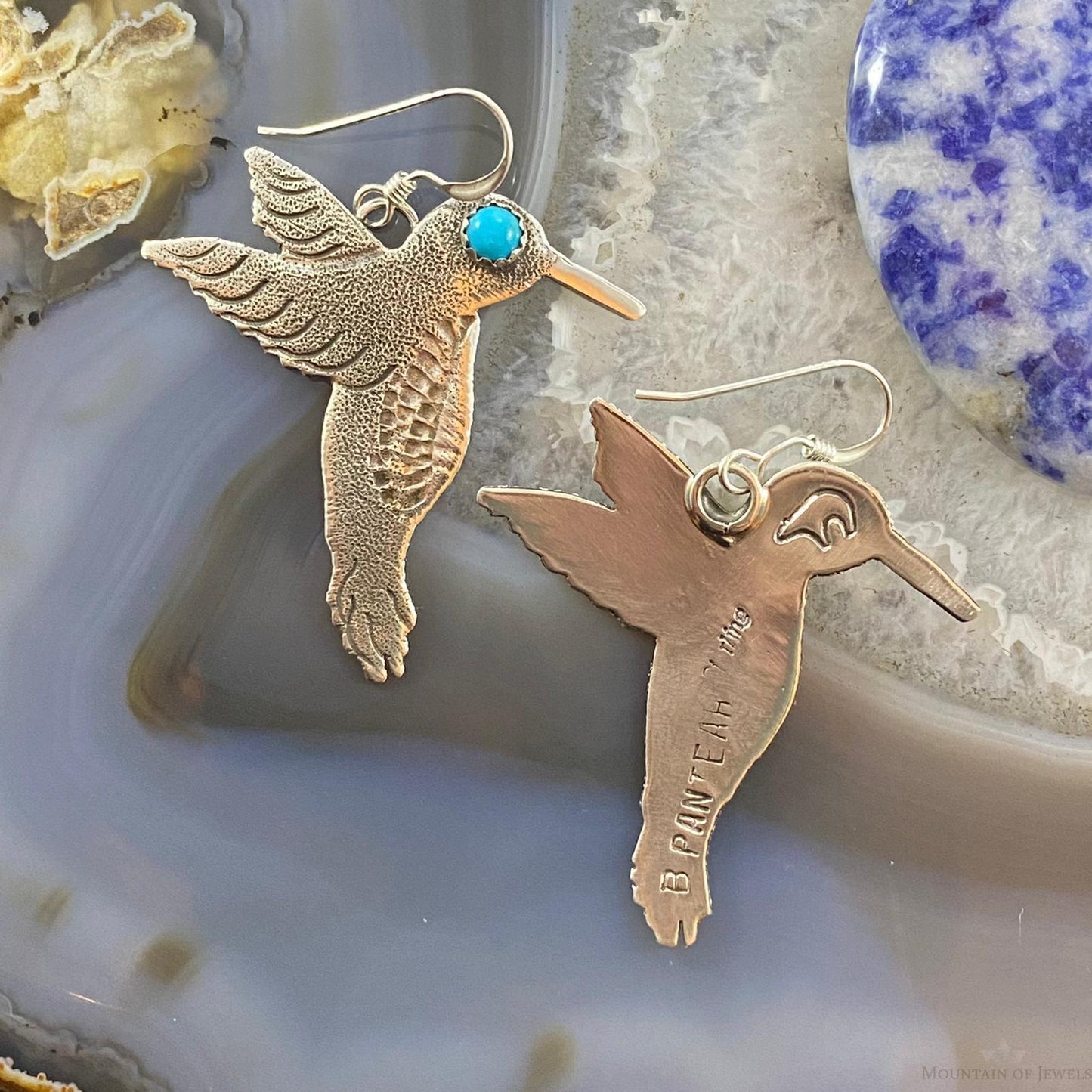 Brad Panteah Native American Sterling Turquoise Hummingbird Dangle Earrings