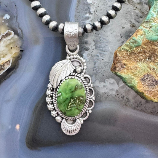 Sterling Silver Southwestern Style Oval Green Sonora Gold Turquoise Pendant For Women