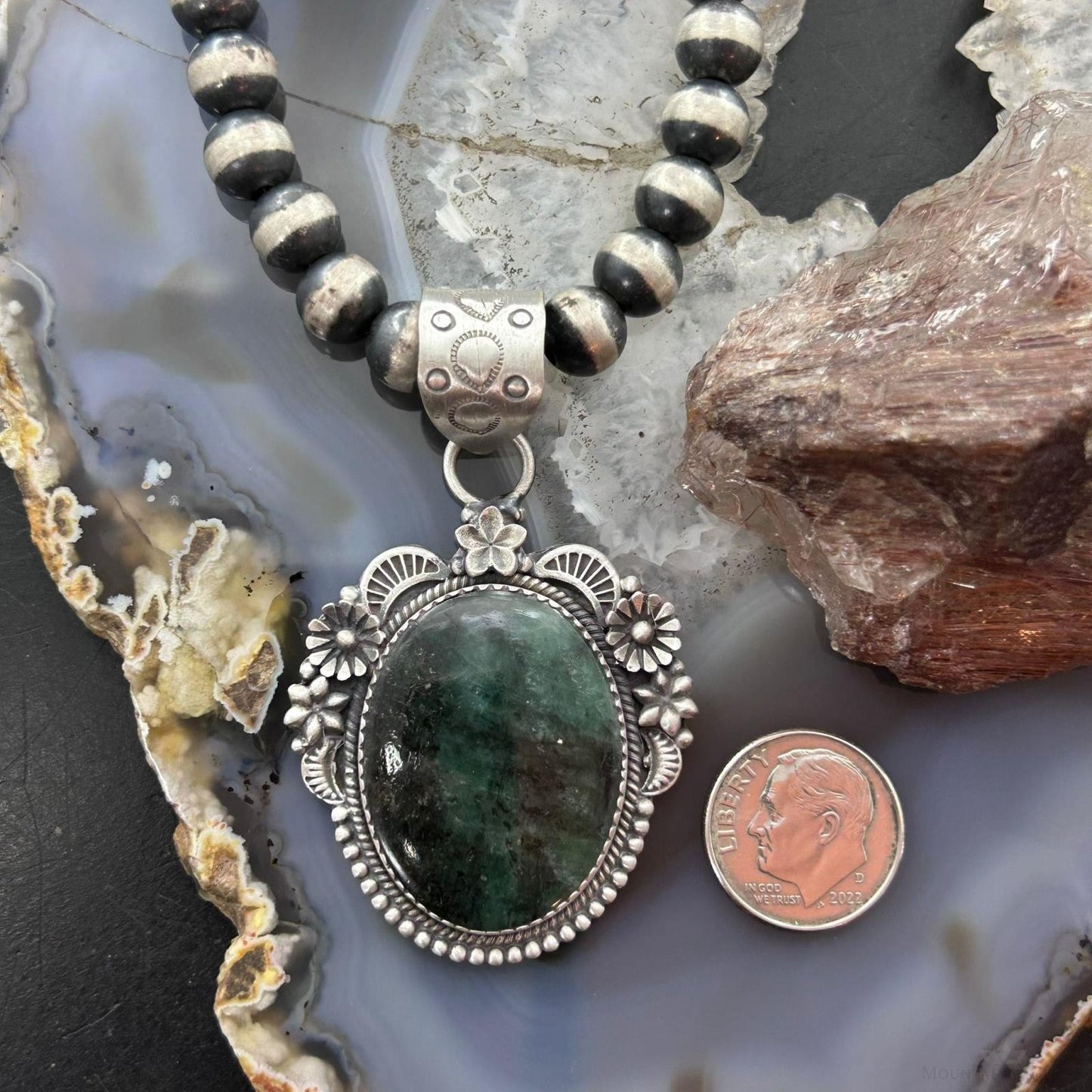 Sterling Silver Southwestern Style Oval Dark Emerald Decorated Pendant For Women