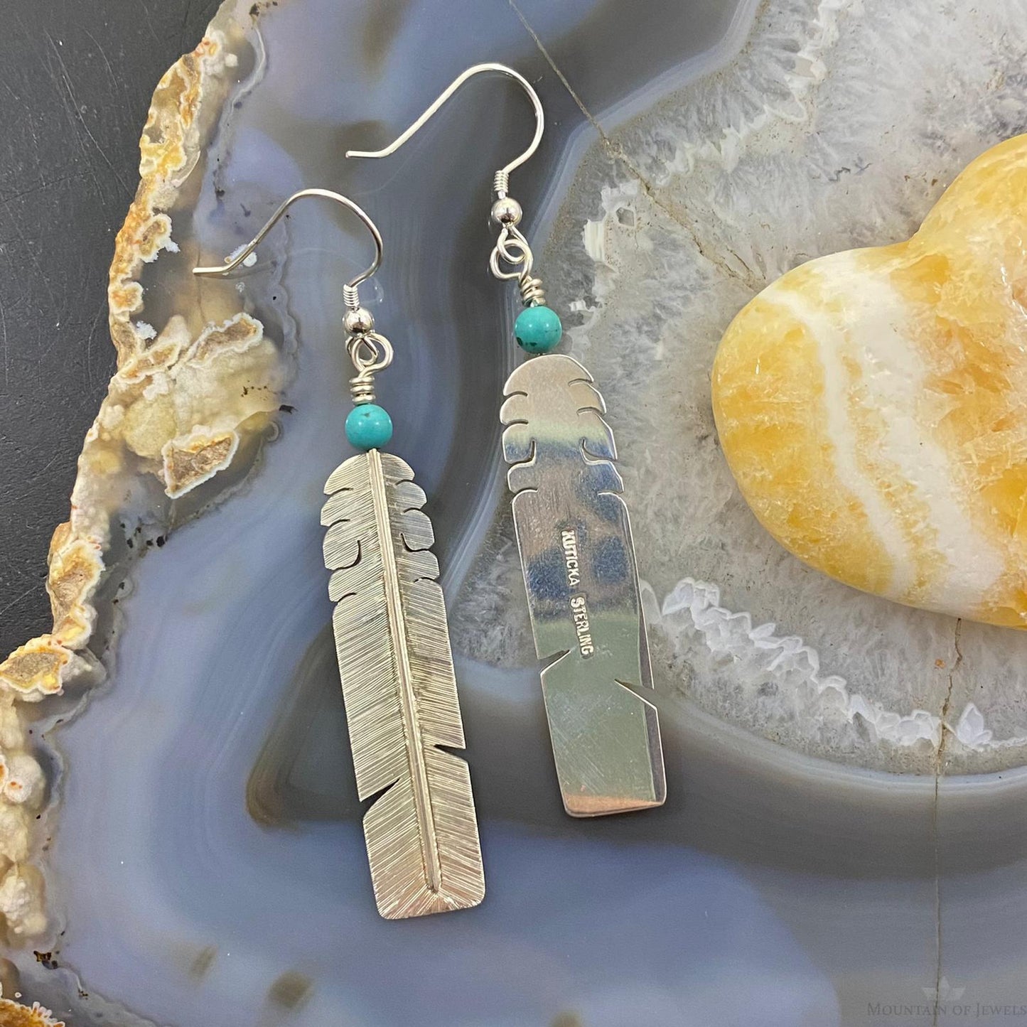 David Kuticka Native American Sterling Silver Feather w/Turq Dangle Earrings #1