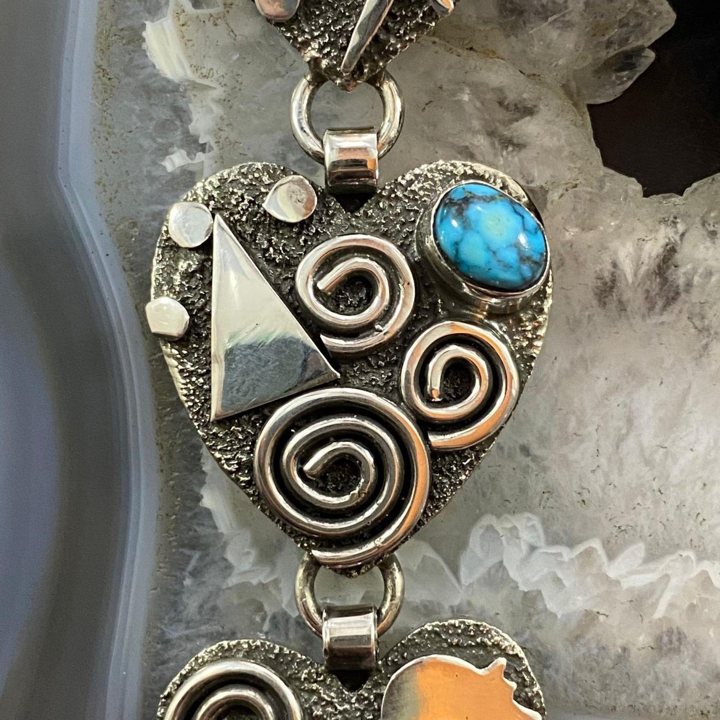 Alex Sanchez Native American Sterling Silver Triple Petroglyph Heart w/Turquoise Pendant For Women