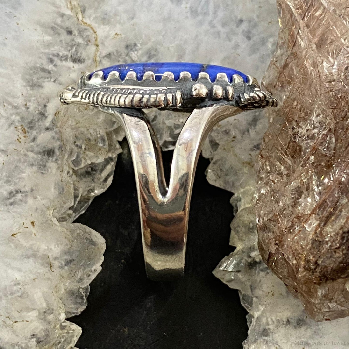 Carolyn Pollack Southwestern Style Sterling Silver Marquise Denim Lapis Decorated Ring For Women, Variety of Sizes