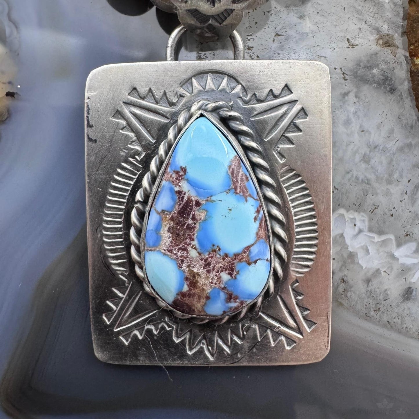Native American Sterling Silver Teardrop Golden Hill Turquoise Decorated Pendant