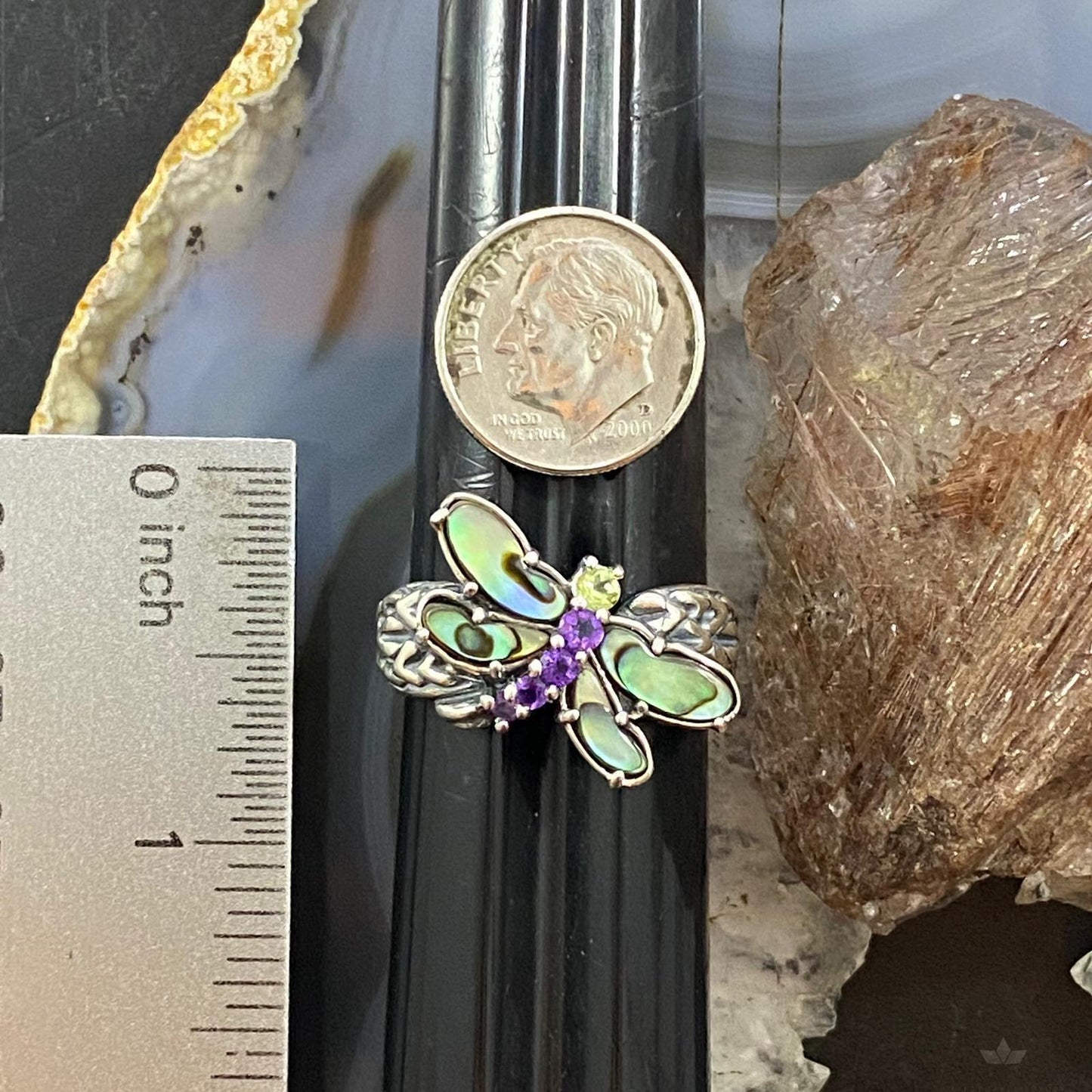 Carolyn Pollack Southwestern Style Sterling Silver Abalone, Amethyst & Peridot Dragonfly Ring For Women