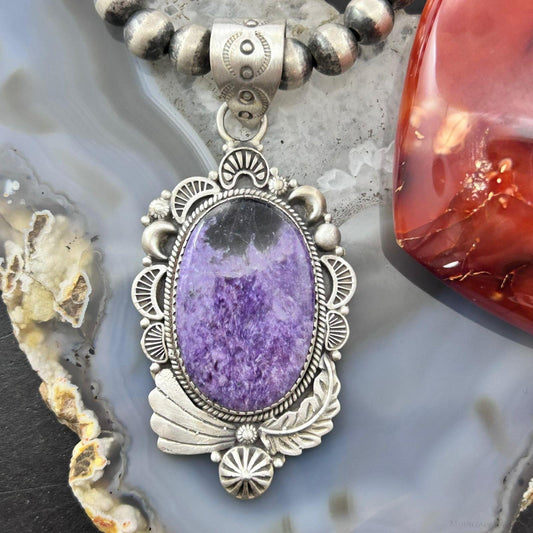 Sterling Silver Southwestern Style Oval Charoite Decorated Pendant For Women