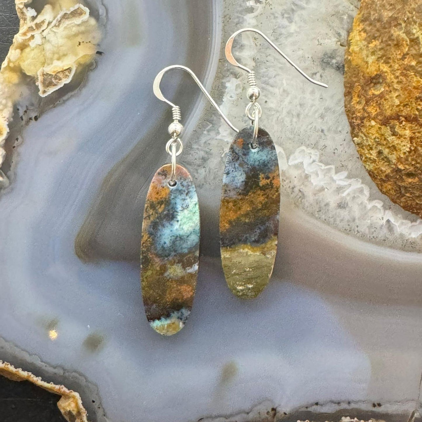 Sterling Silver Elongated Oval Chrysocolla Slab Dangle Earrings For Women #354
