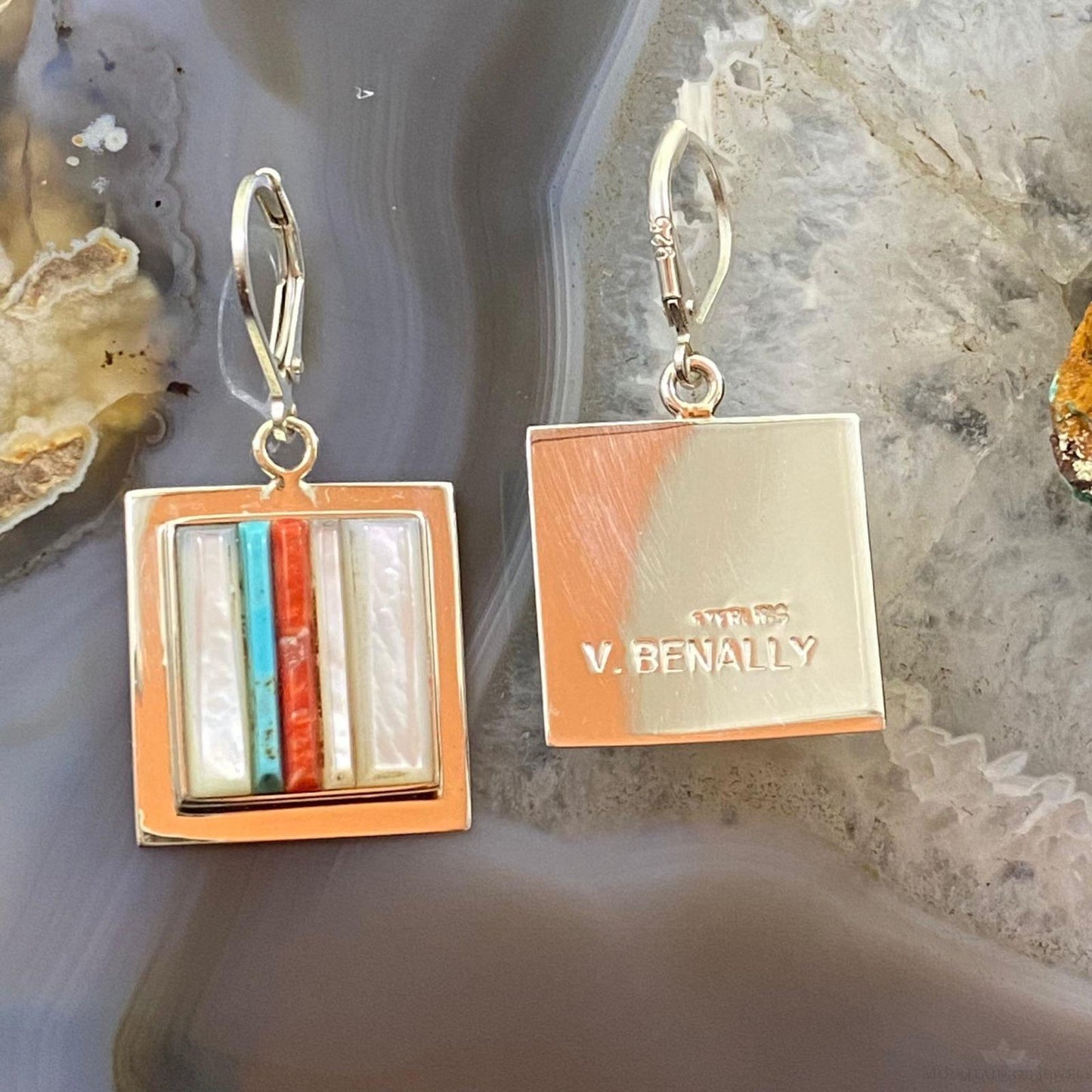 Veronica Benally Native American Silver Multi Stone Cobblestone Dangle Earrings