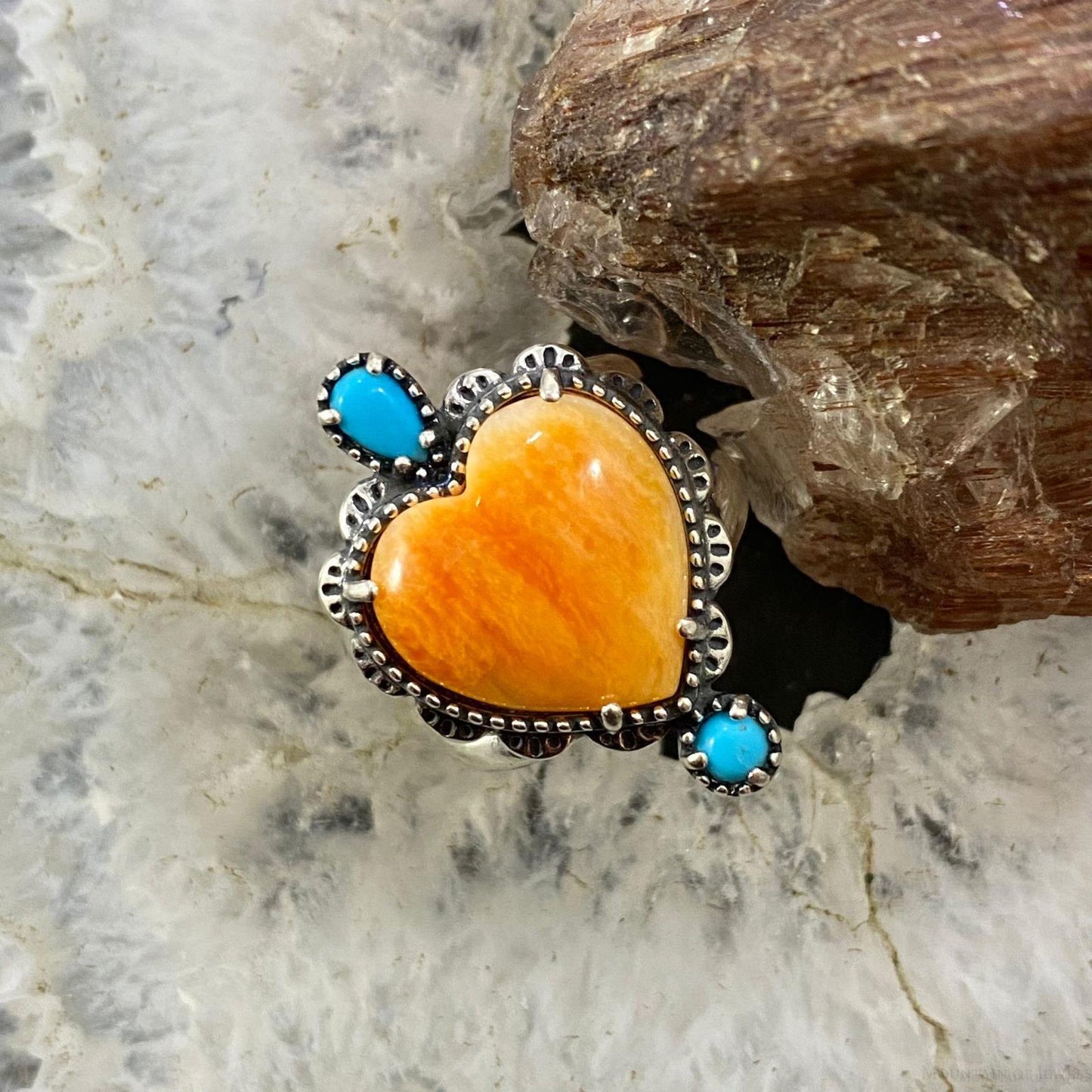 Carolyn Pollack Sterling Silver Orange Spiny Oyster Heart & Turquoise Decorated Ring For Women, Variety of Sizes
