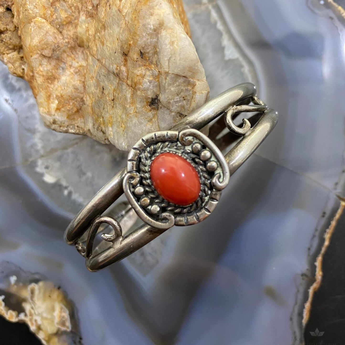 Vintage Native American Silver Oval Coral Decorated Bracelet For Women
