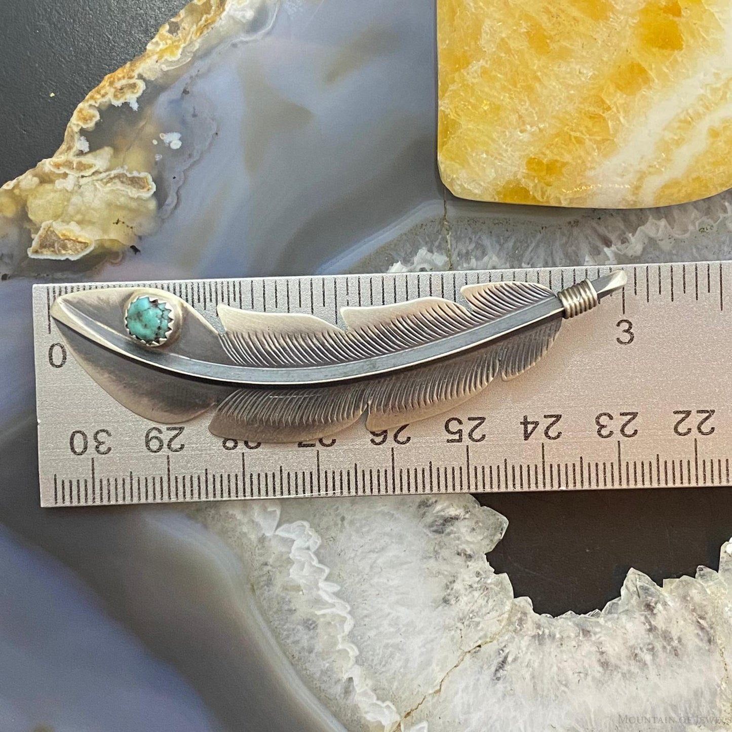 Billy Long Sterling Silver Oxidized Feather w/Turquoise Unisex Pendant Necklace
