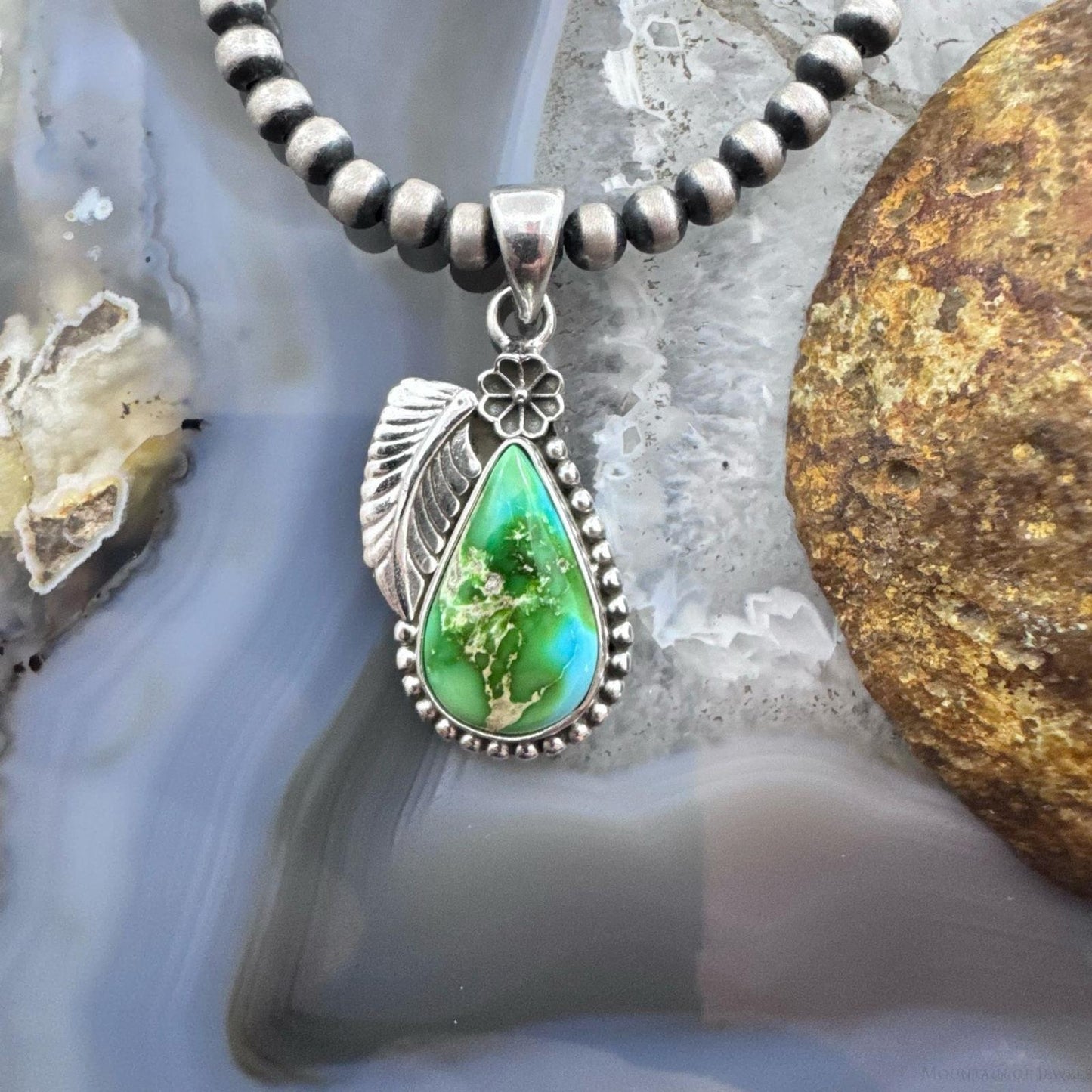 Sterling Silver Southwestern Style Sonora Gold Turquoise Leaf Decorated Pendant For Women