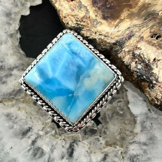 Sterling Silver Southwestern Style Larimar Decorated Bar Ring Size 7.5 For Women