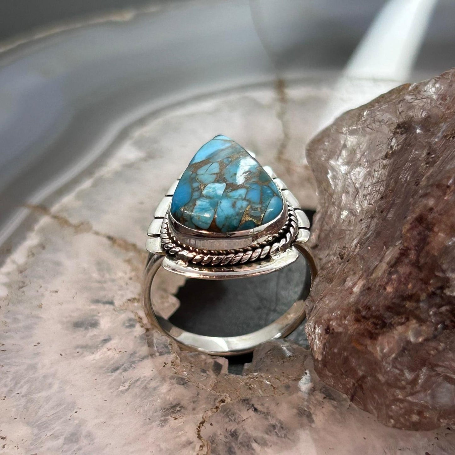 Sterling Southwestern Style Teardrop Blue Copper Turquoise Ring Size 8.5 For Women