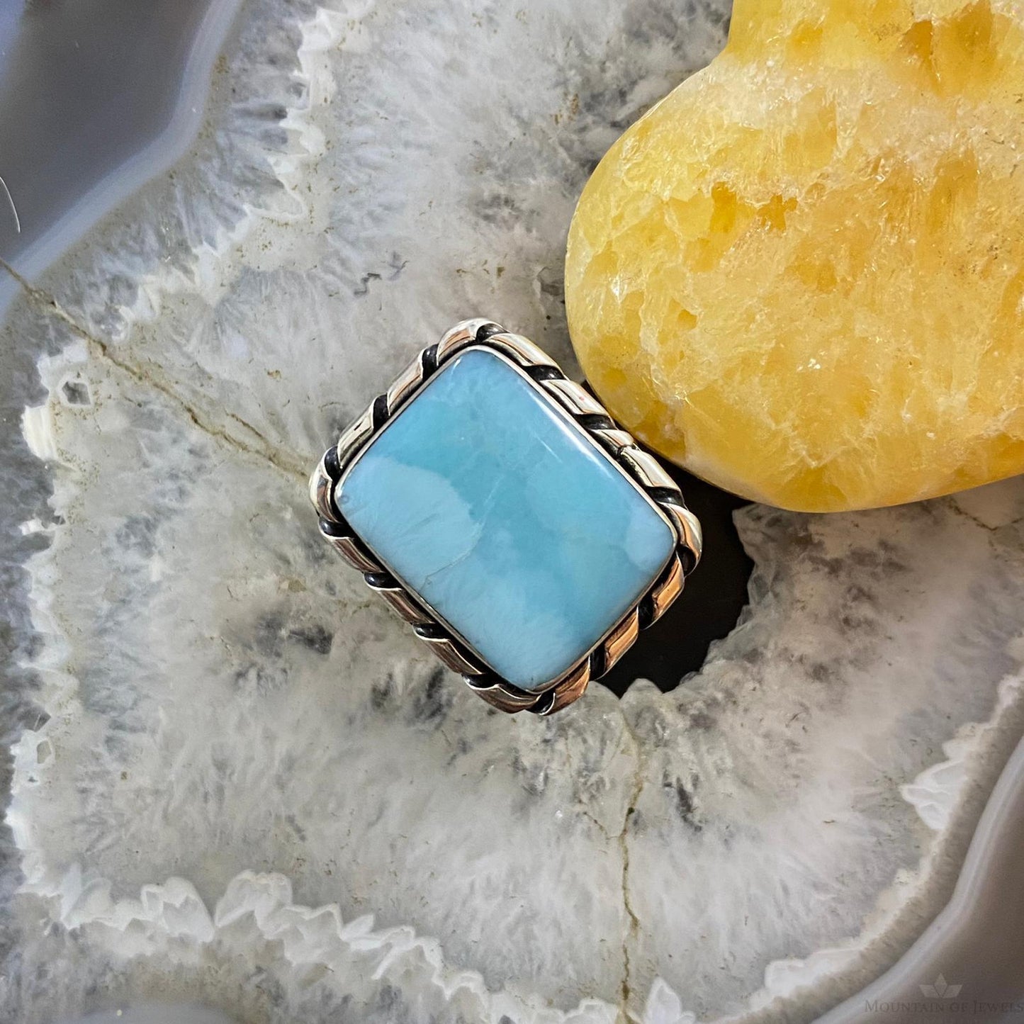 Native American Sterling Silver Larimar Rectangle Bar Ring Size 8.5 For Women