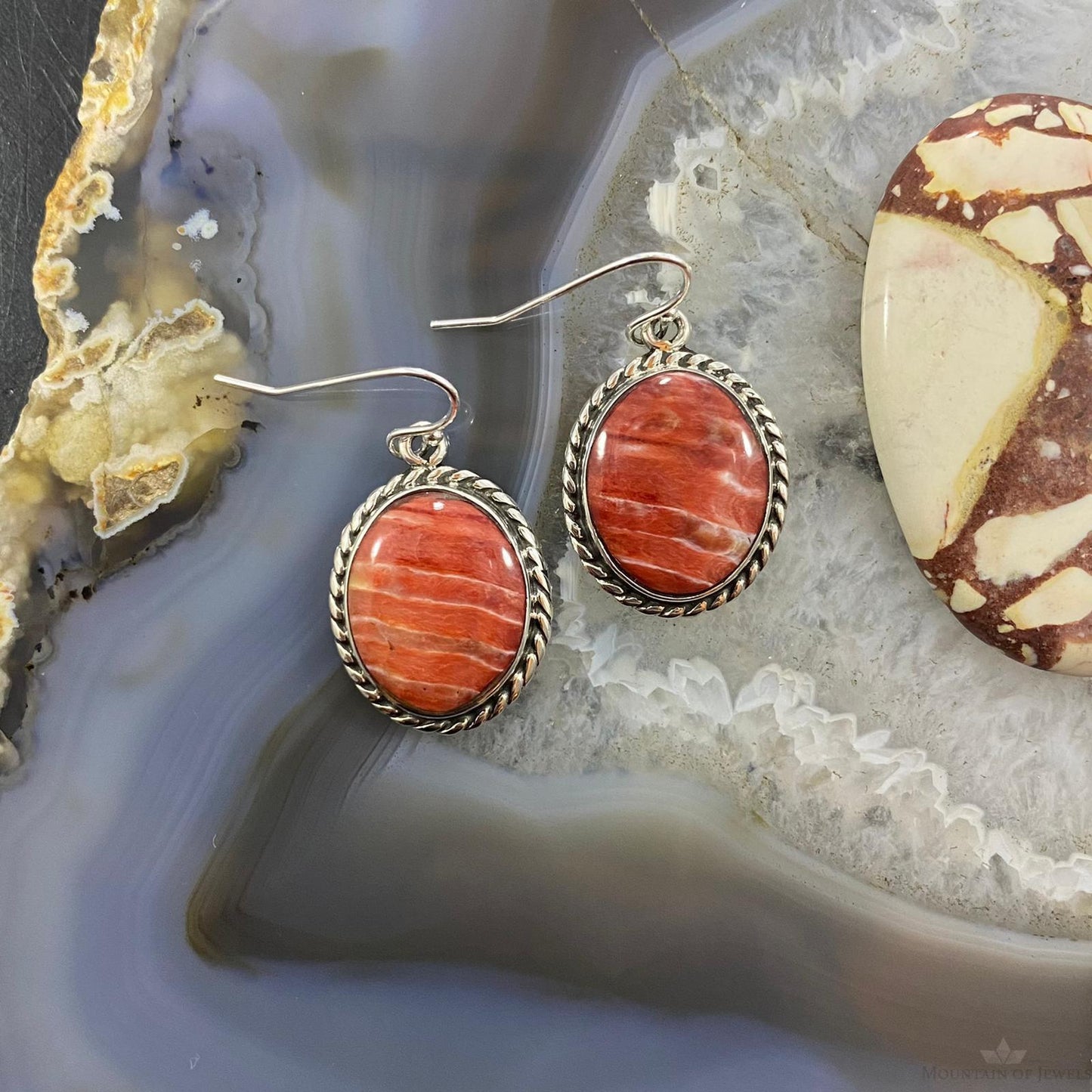 Native American Sterling Silver Oval Spiny Oyster Dangle Earrings For Women #1