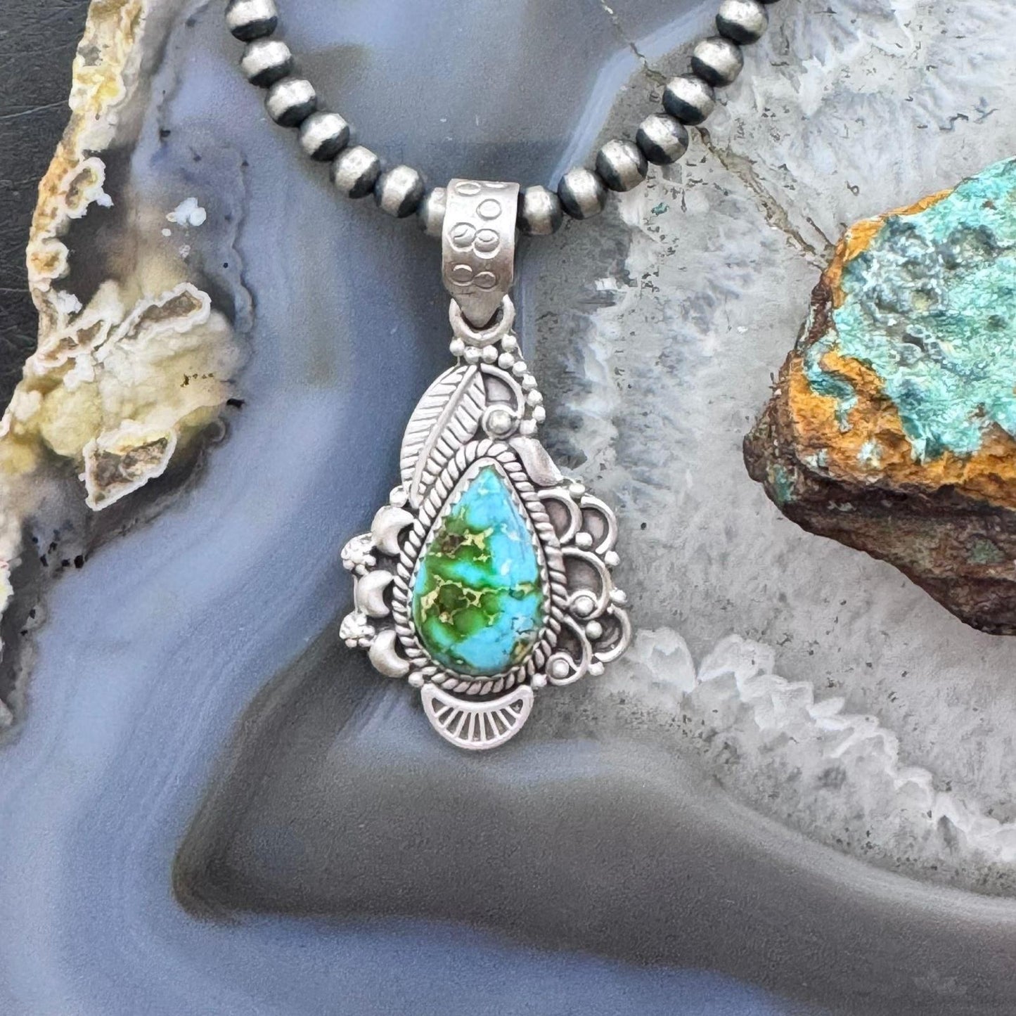 Sterling Silver Southwestern Style Teardrop Sonora Gold Turquoise Decorated Pendant For Women