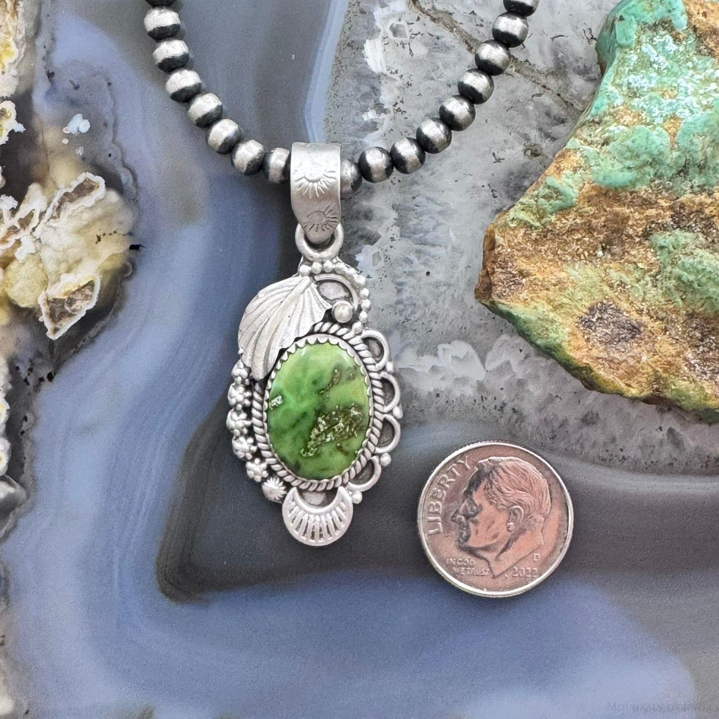 Sterling Silver Southwestern Style Oval Green Sonora Gold Turquoise Pendant For Women