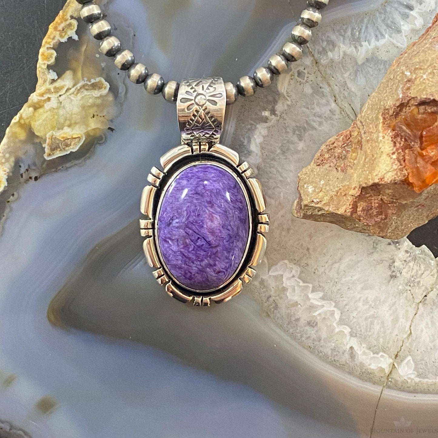 Native American Sterling Silver Oval Charoite Decorated Pendant For Women
