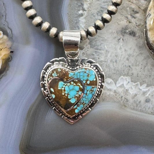 Native American Sterling Silver Turquoise #8 Double Heart Pendant For Women