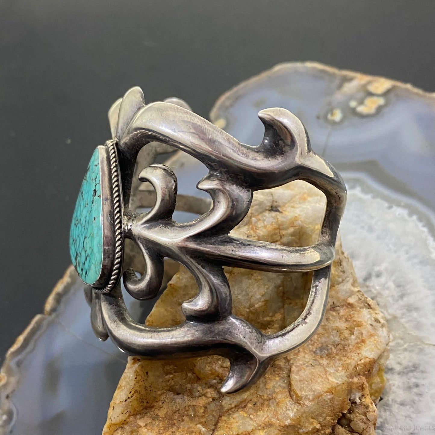 Vintage Native American Silver Sandcast Turquoise Wide Bracelet For Women