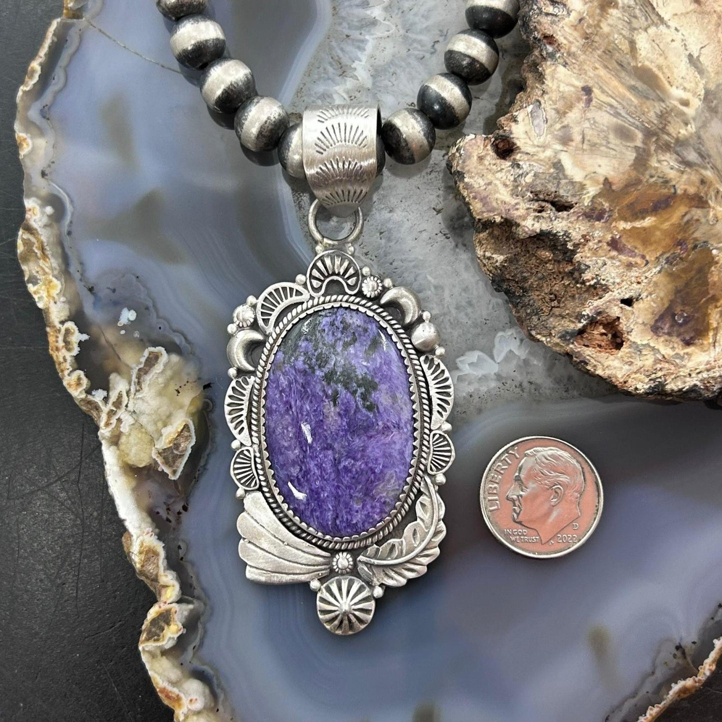 Sterling Silver Southwestern Style Oval Charoite Decorated Pendant For Women