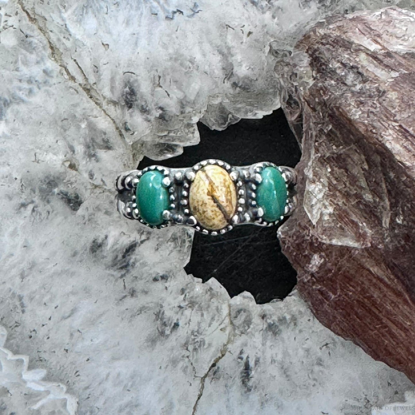 Carolyn Pollack Sterling Silver Oval Picture Jasper & 2 Green Turquoise Ring For Women