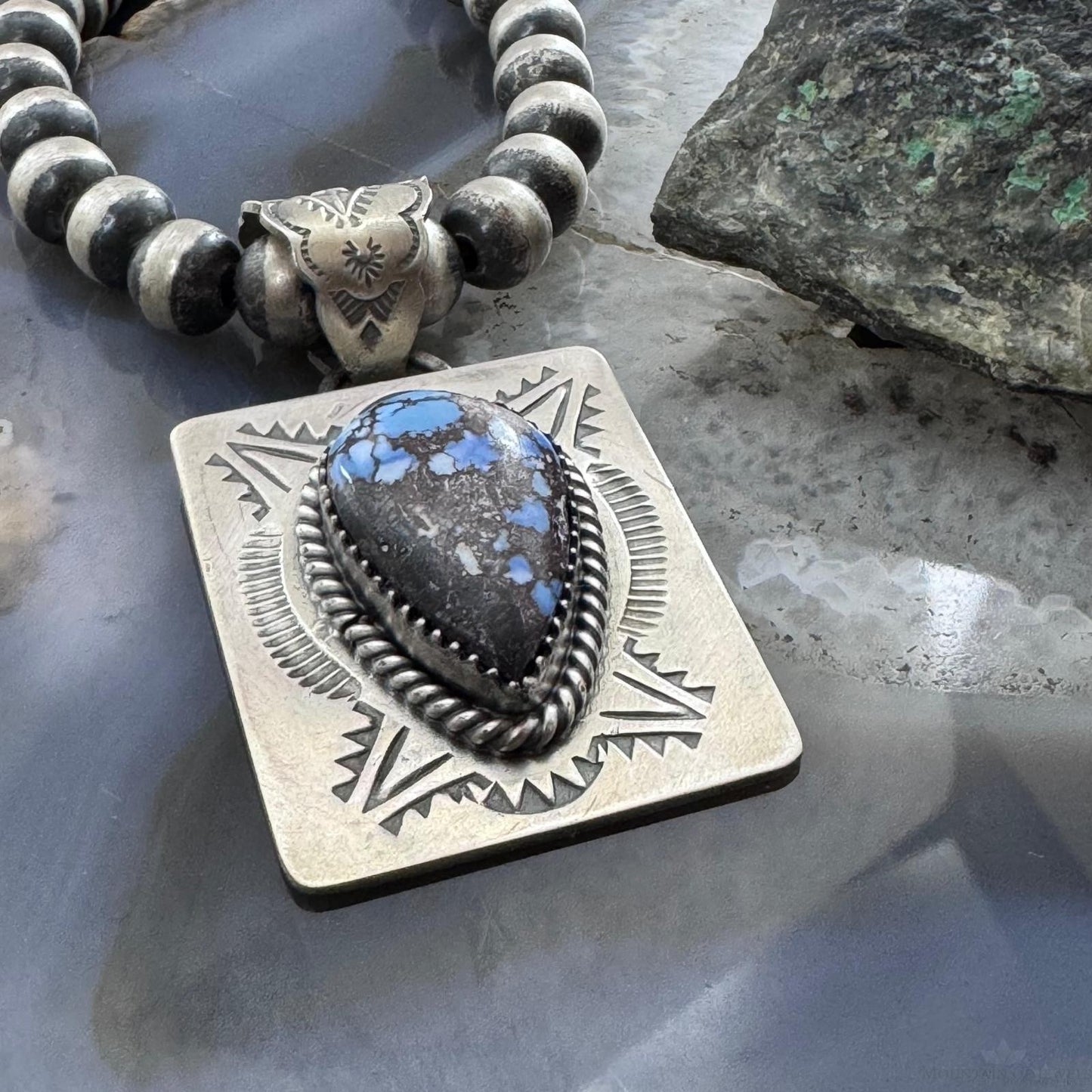 Native American Sterling Silver Teardrop Golden Hill Turquoise Decorated Pendant #1