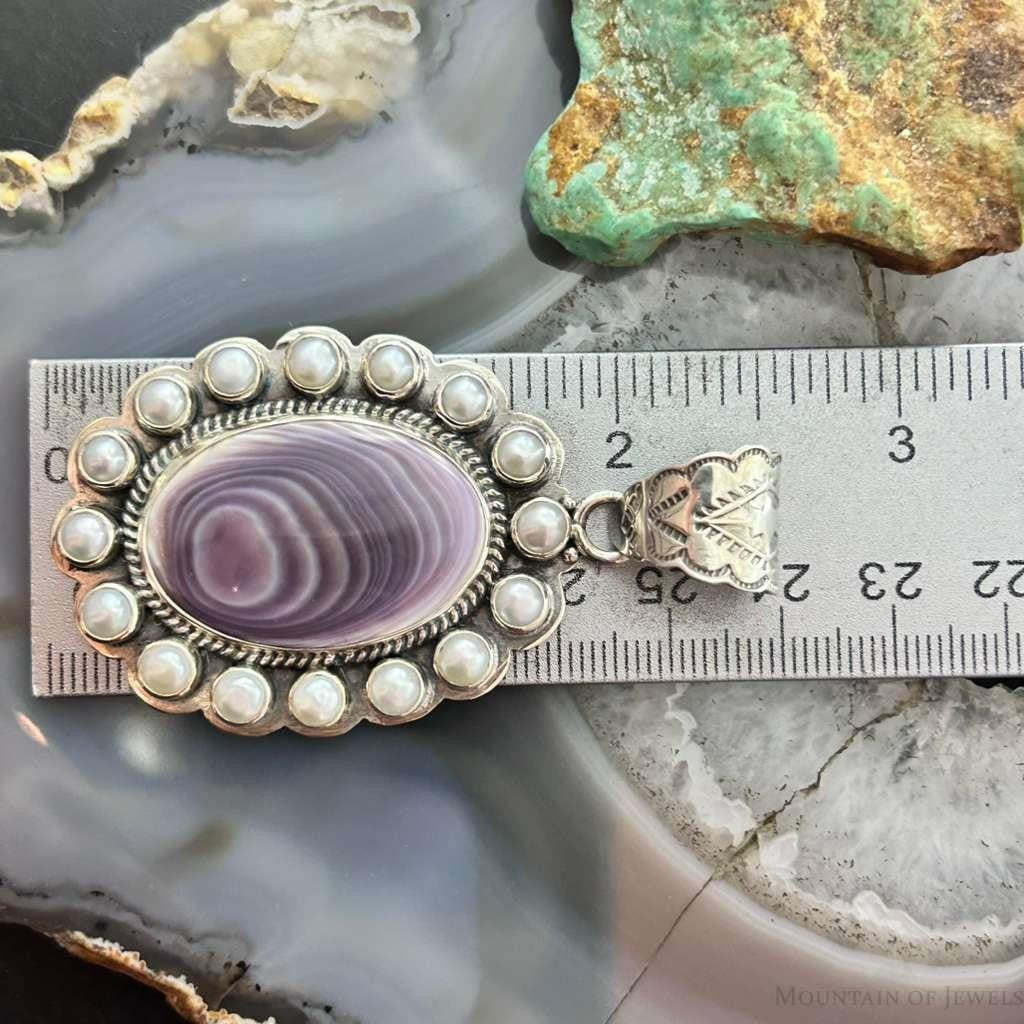 Native American Sterling Silver Oval Phosphosiderite W/Pearls Cluster Pendant For Women