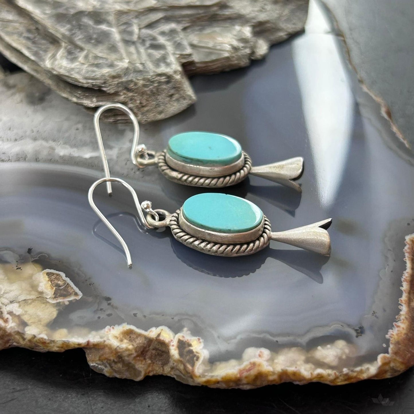 Sterling Silver Southwestern Style Turquoise Squash Blossom Dangle Earrings For Women #1