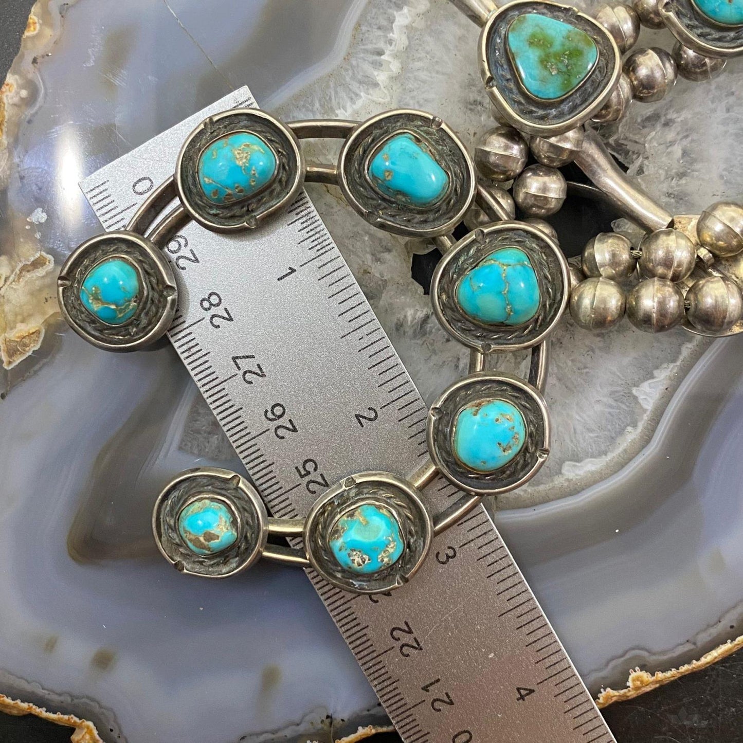 Antique Native American Silver Turquoise Squash Blossom Necklace For Women
