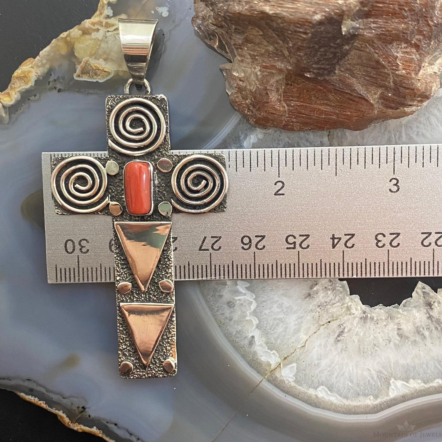 Alex Sanchez Native American Sterling Coral Petroglyph Cross Uni Pendant #4