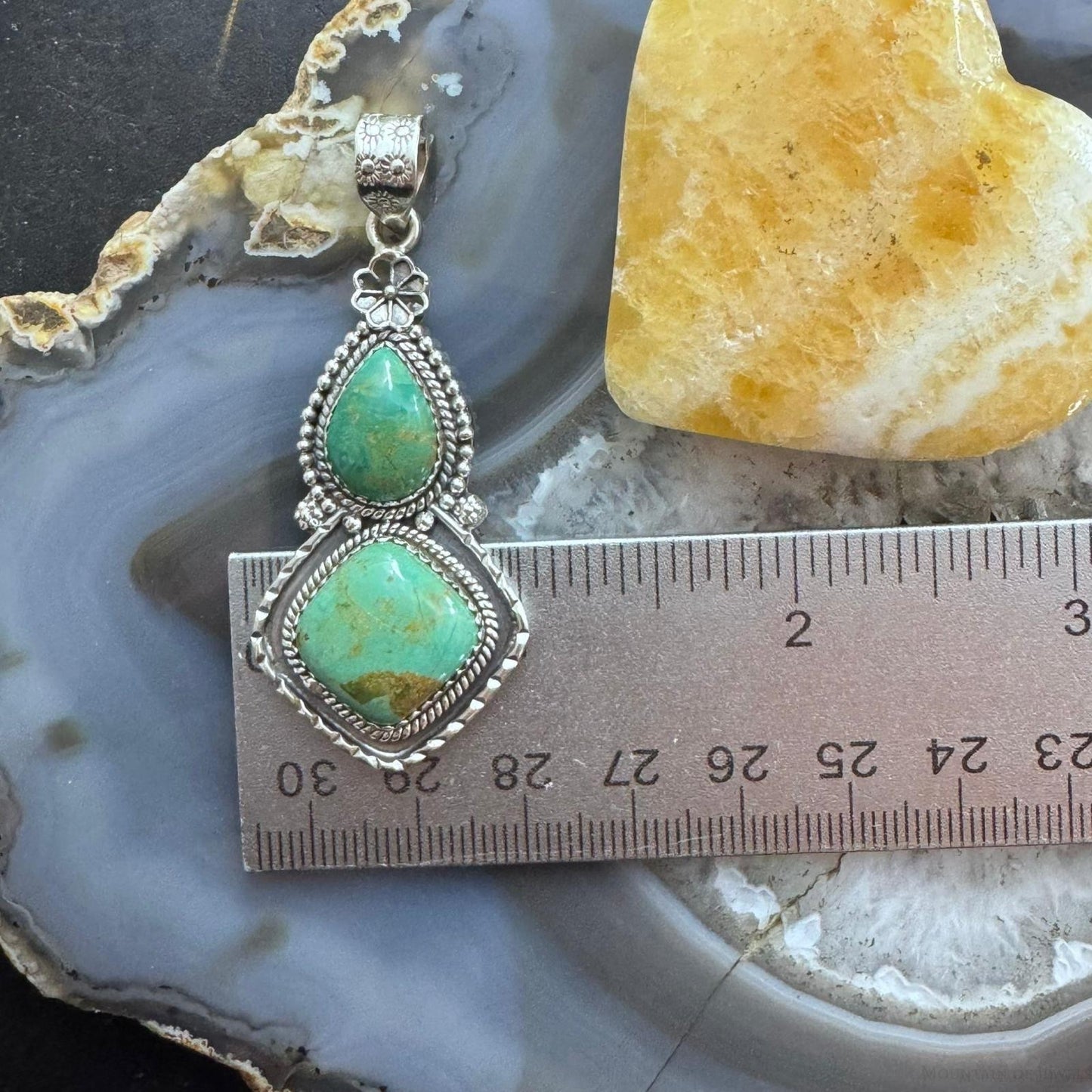 Sterling Silver Southwestern Style 2 Turquoise Decorated Pendant For Women