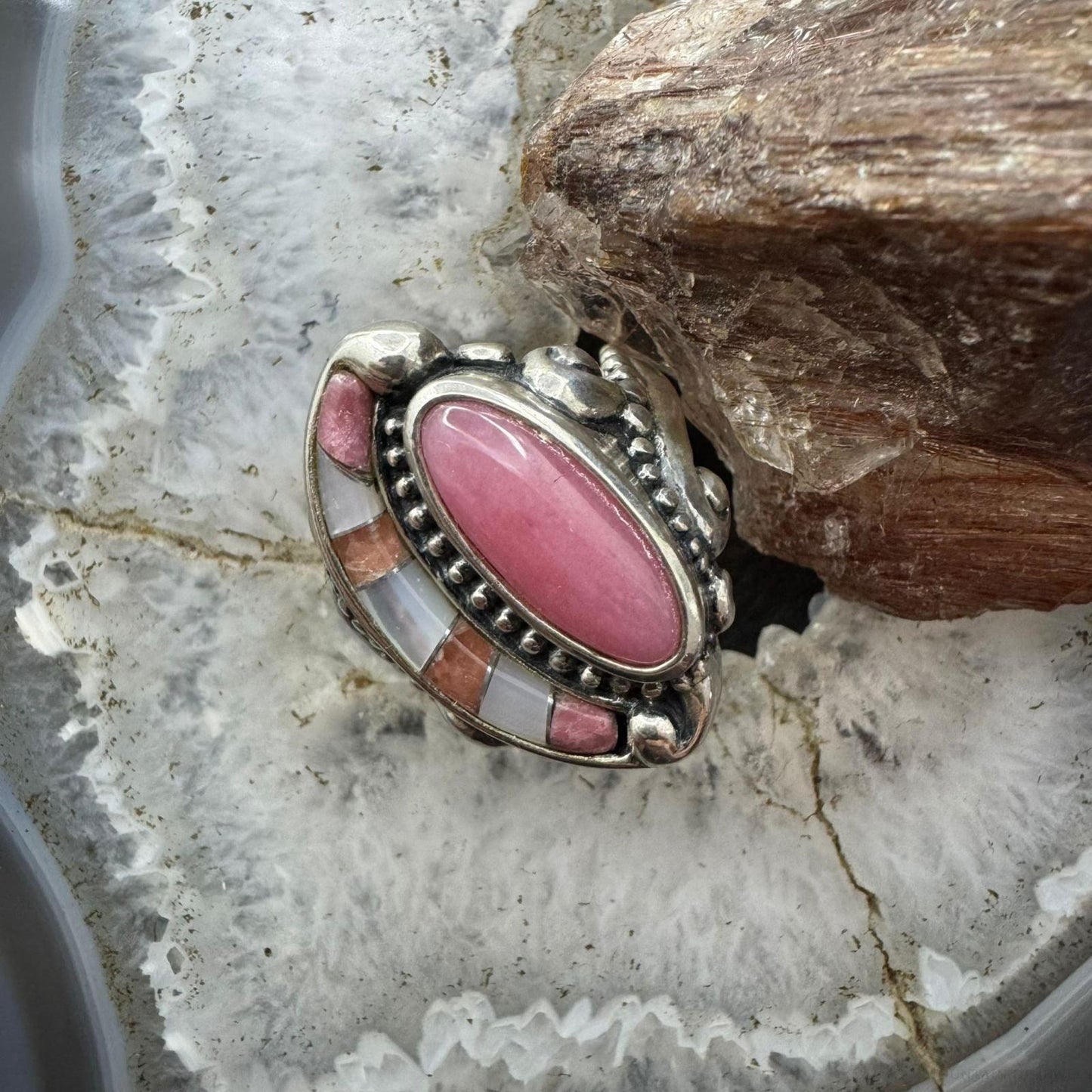 Carolyn Pollack Southwestern Style Sterling Silver Inlay Rhodonite & MOP Ring For Women