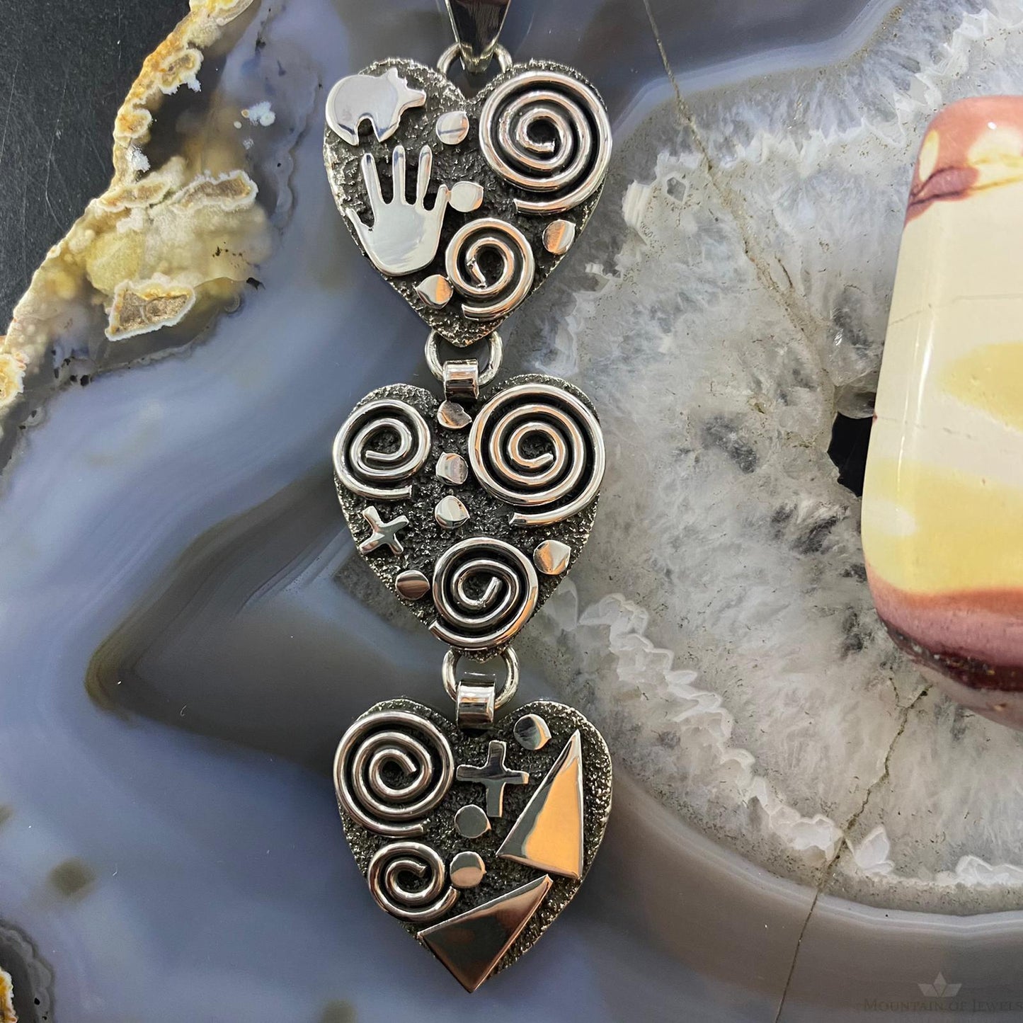 Alex Sanchez Native American Sterling Silver Triple Petroglyph Heart Pendant For Women