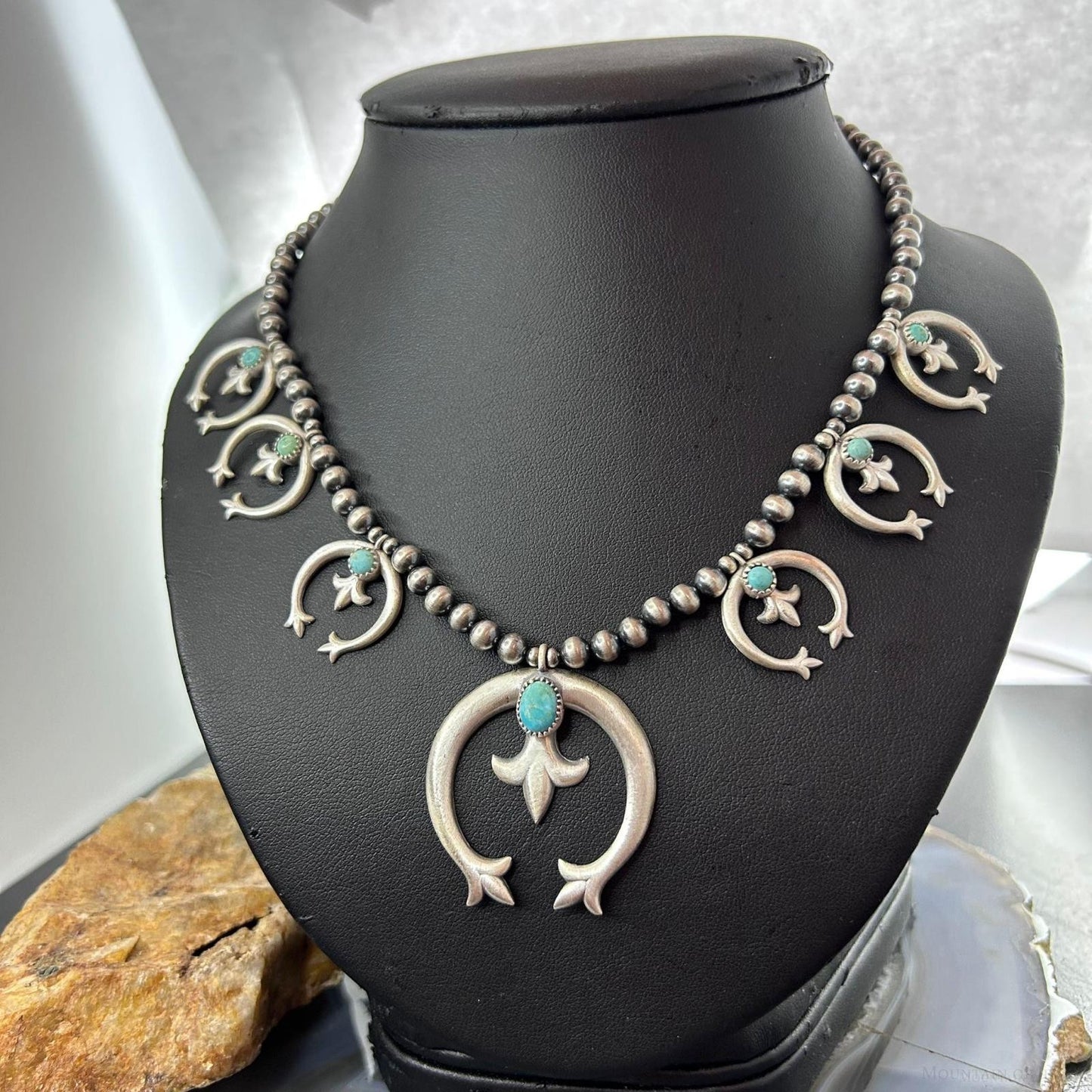 Sterling Silver Southwestern Style 6 Small Naja & Large Naja Squash Blossom Necklace For Women