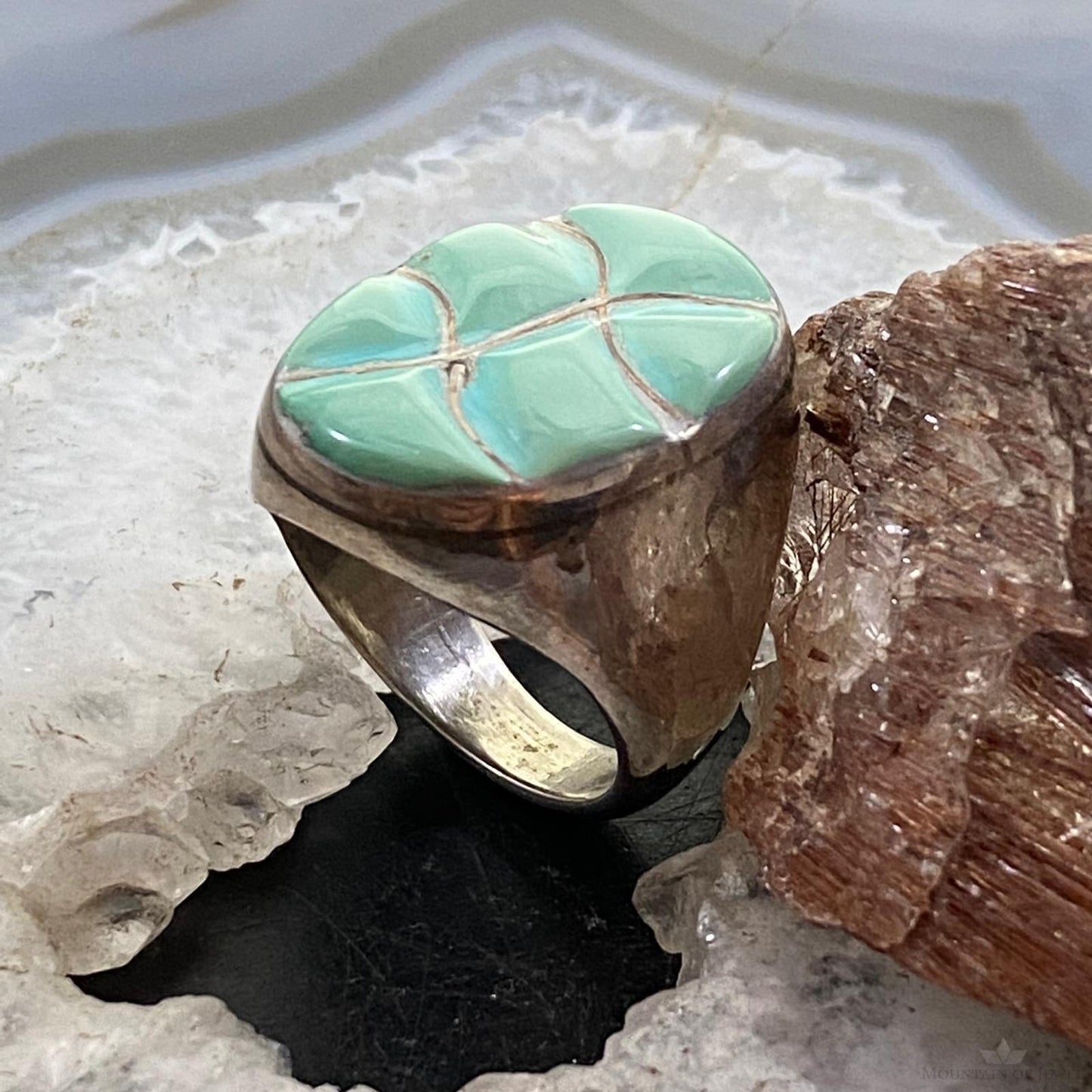 Native American Silver Oval Turquoise Inlay Unisex Shield Ring Size 9