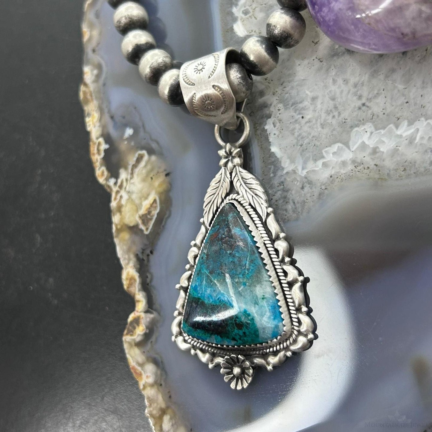 Sterling Silver Southwestern Style Triangle Shattuckite Pendant For Women