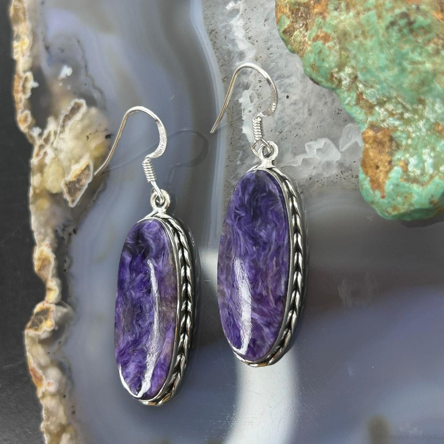 Sterling Silver Southwestern Style Oval Charoite Dangle Earrings For Women