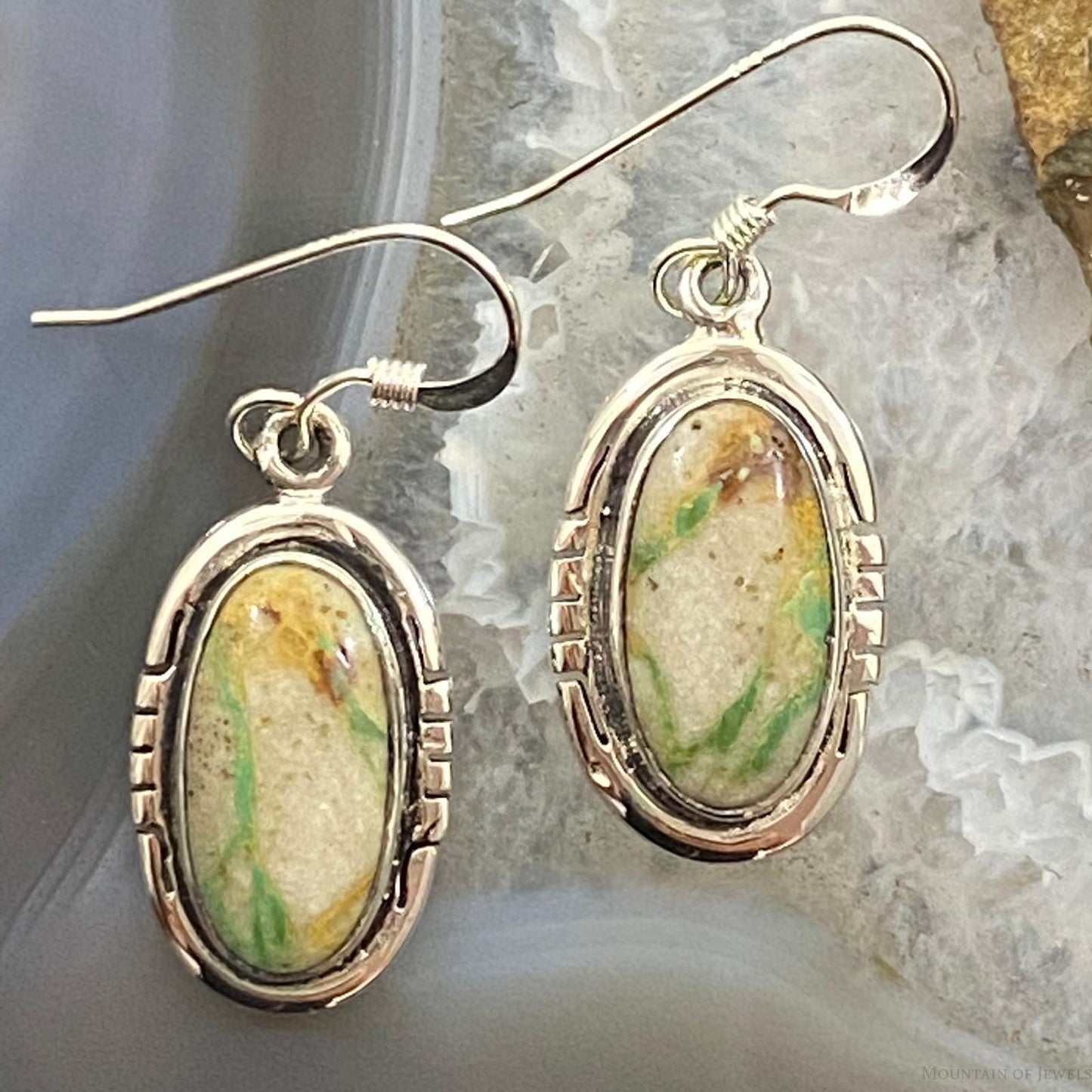Native American Sterling Silver Oval Ribbon Boulder Turquoise Dangle Earrings