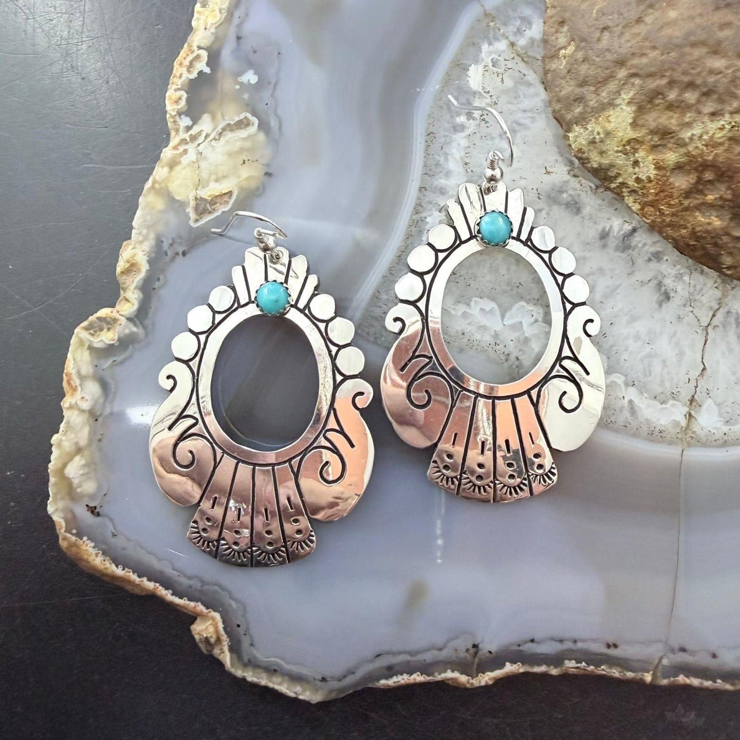 Tommy & Rosita Singer Sterling Silver Turquoise Dot Engraved Dangle Earrings For Women
