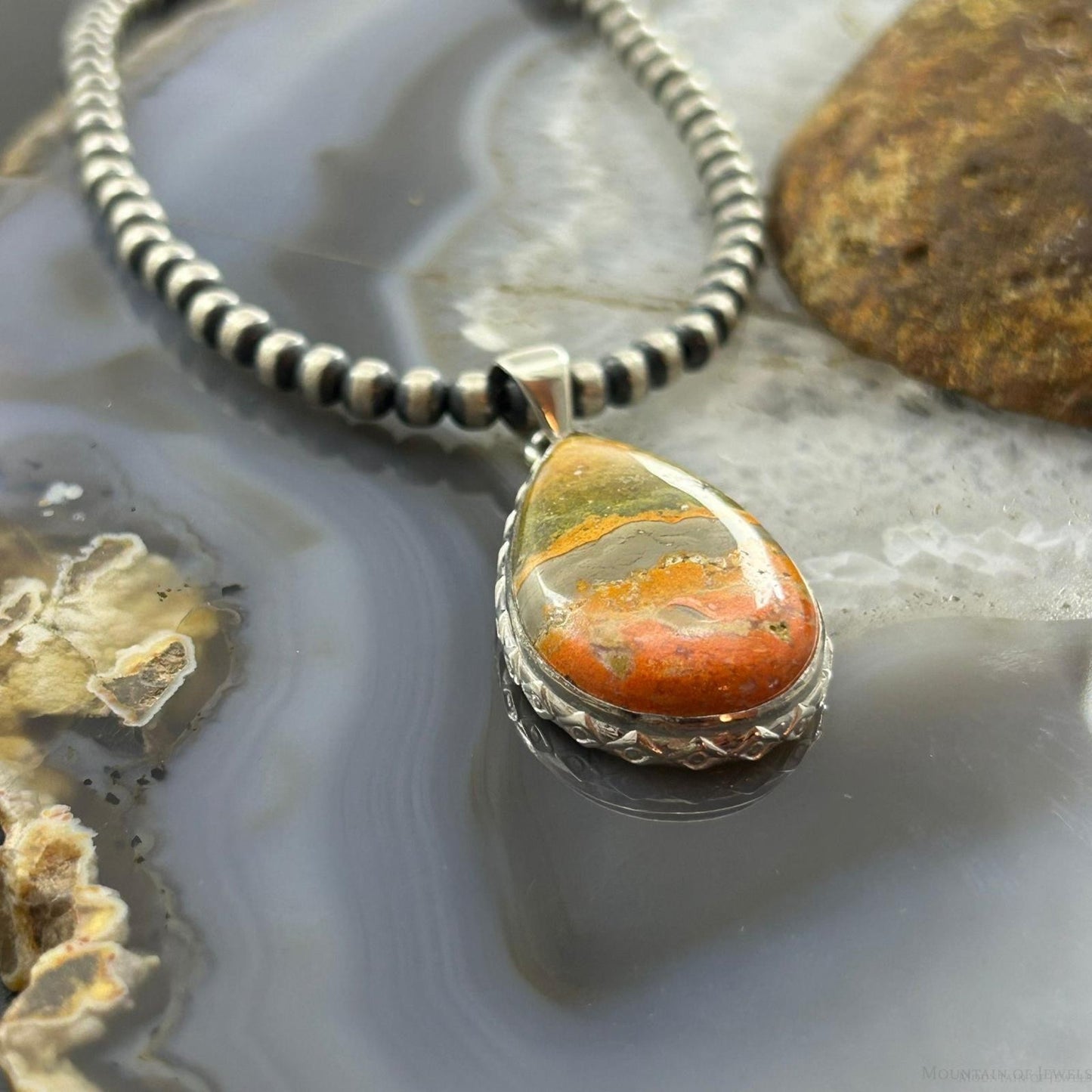 Sterling Southwestern Style Wide Teardrop Bumblebee Jasper Decorated Pendant
