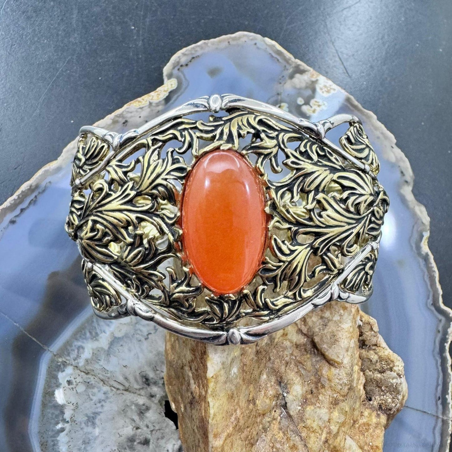 Carolyn Pollack Sterling Silver & Brass Oval Carnelian Decorated Bracelet For Women