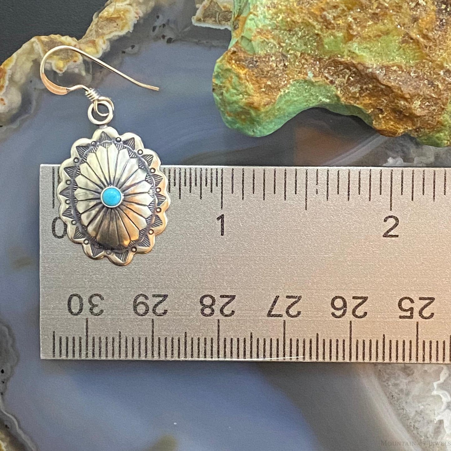 Native American Sterling Silver Turquoise Dot Stamped Concho Dangle Earrings For Women