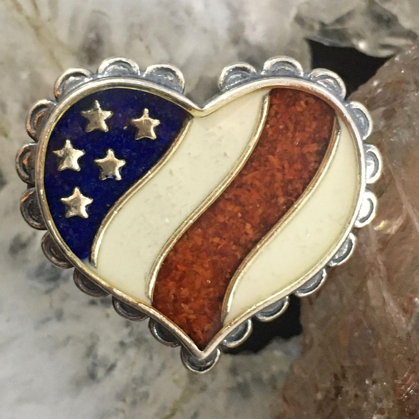 Carolyn Pollack Vintage Southwestern Style Sterling Silver Heart Shape American Flag Ring For Women