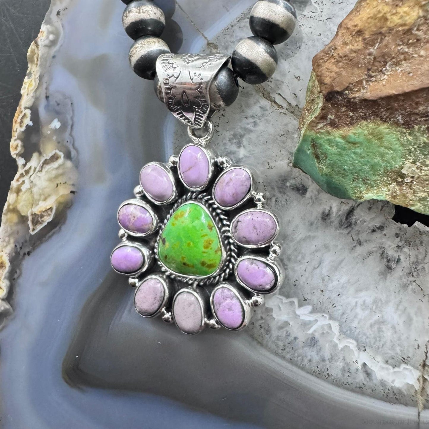 Native American Sterling Silver Green Turquoise w/Phosphosiderite Cluster Pendant For Women