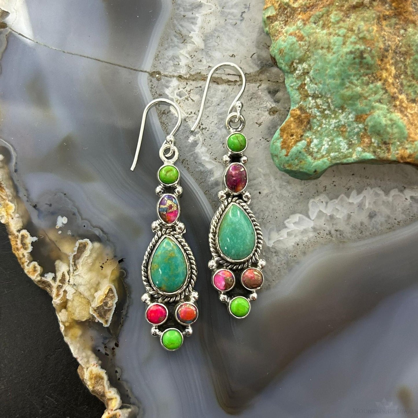 Sterling Silver Southwestern Style Multistone Dangle Earrings For Women