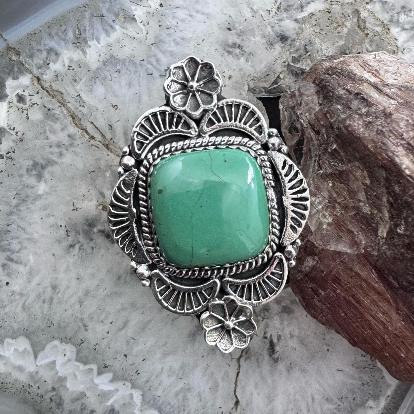 Sterling Silver Southwestern Style Square Green Turquoise Adjustable Decorated Ring For Women
