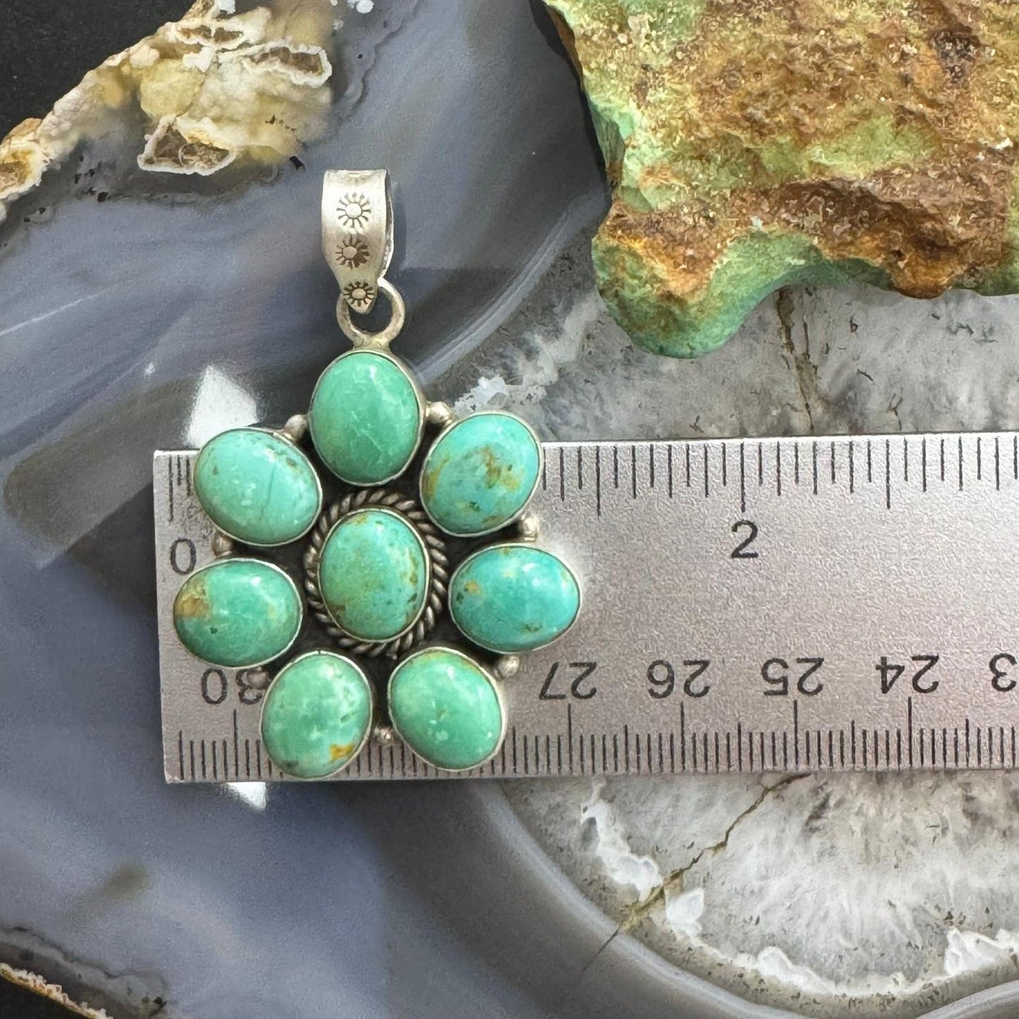 Sterling Silver Southwestern Style Turquoise Cluster Flower Pendant For Women