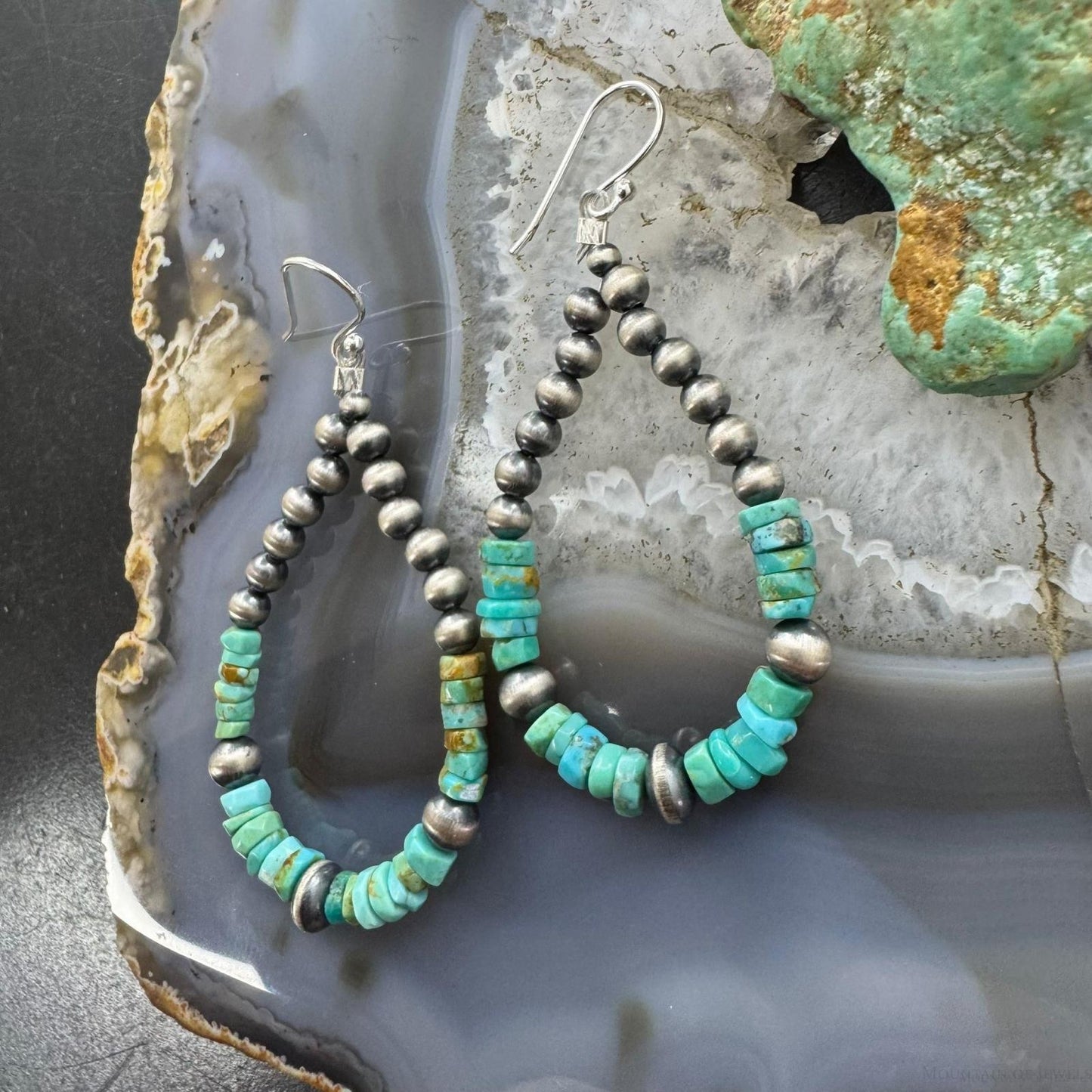 Sterling 4-6mm Navajo Pearl Southwester Style & 5mm Turquoise Bead Hoop Earrings For Women